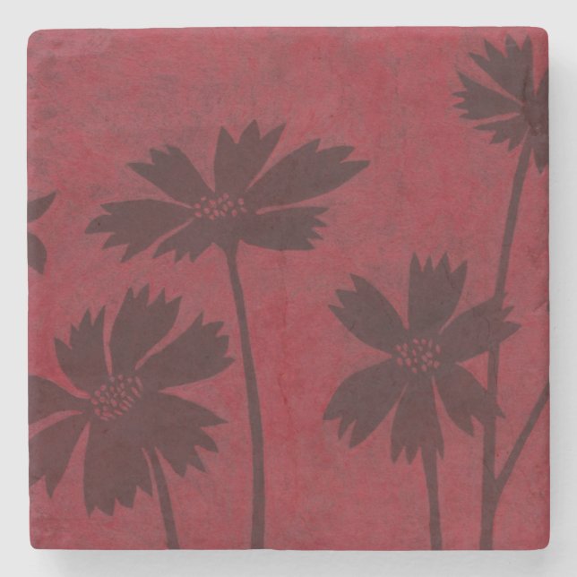 Flowerhead Silhouettes on Crimson Background Stone Coaster (Front)