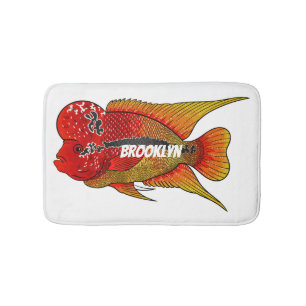 Flowerhorn cichlid fish cartoon illustration bath mat