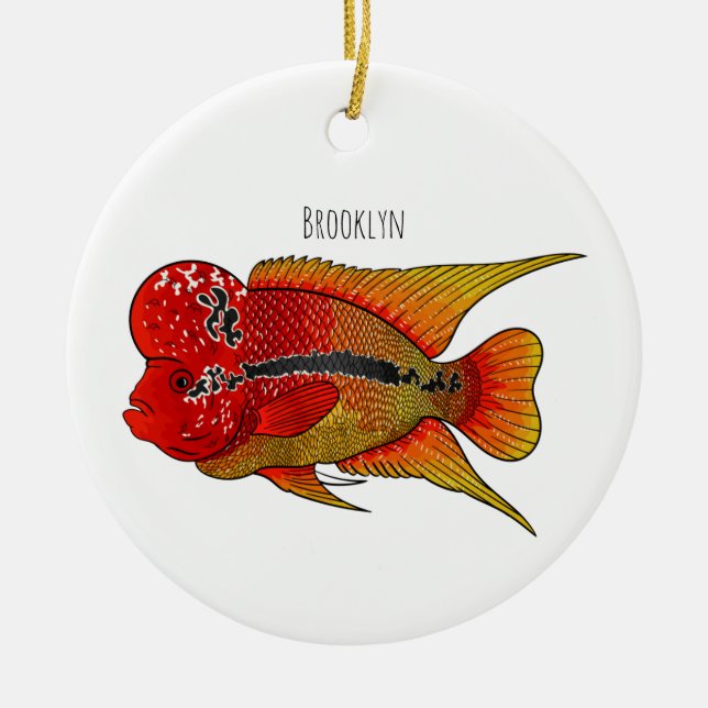 Flowerhorn cichlid fish cartoon illustration ceramic tree decoration (Front)