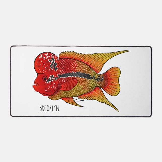 Flowerhorn cichlid fish cartoon illustration  desk mat (Front)