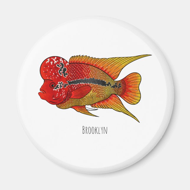 Flowerhorn cichlid fish cartoon illustration magnet (Front)
