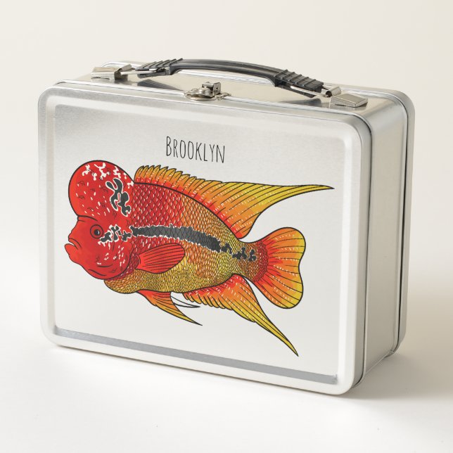 Flowerhorn cichlid fish cartoon illustration  metal lunch box (Front)