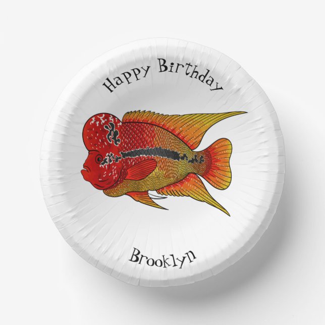 Flowerhorn cichlid fish cartoon illustration paper plate (Front)