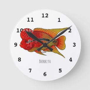 Flowerhorn cichlid fish cartoon illustration round clock