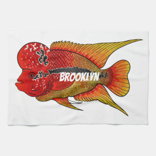 Flowerhorn cichlid fish cartoon illustration tea towel