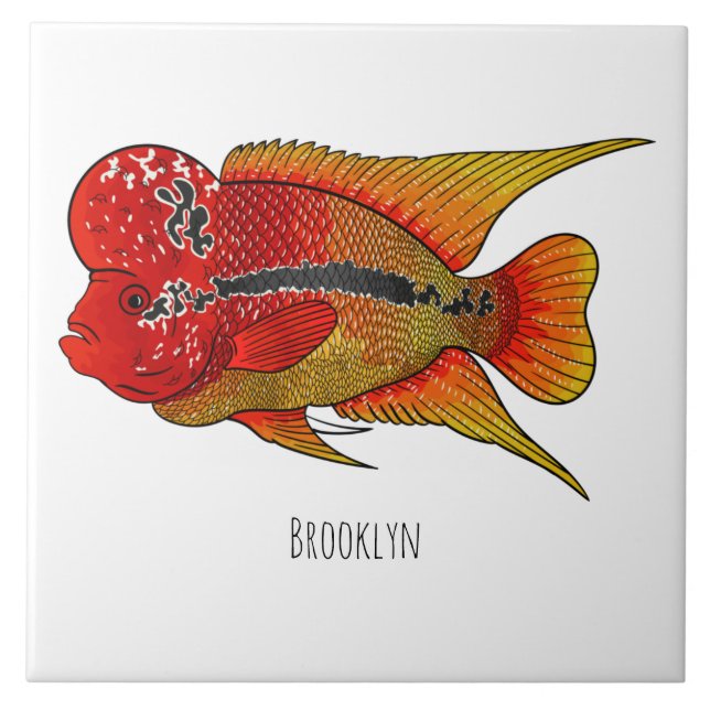 Flowerhorn cichlid fish cartoon illustration tile (Front)