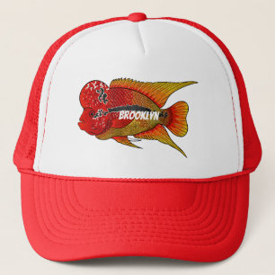 Flowerhorn cichlid fish cartoon illustration trucker hat