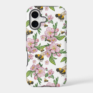 Flowering apple orchard with bees watercolor drawi