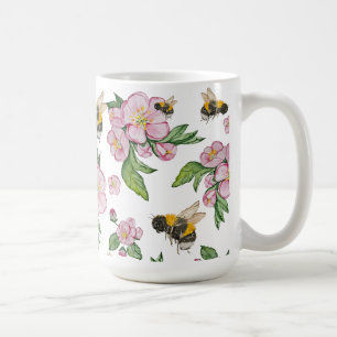 Flowering apple orchard with bees watercolor drawi coffee mug