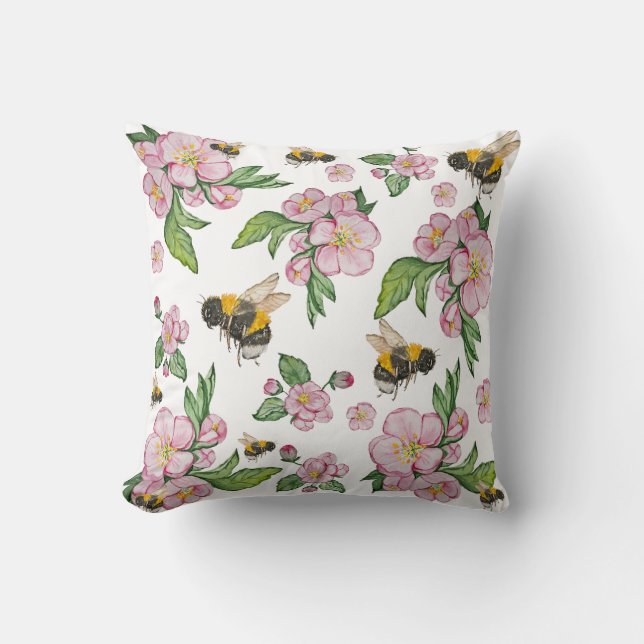 Flowering apple orchard with bees watercolor drawi cushion (Front)