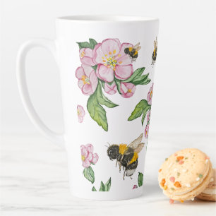 Flowering apple orchard with bees watercolor drawi latte mug