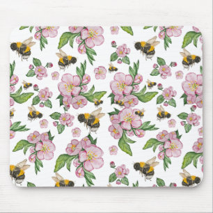 Flowering apple orchard with bees watercolor drawi mouse mat
