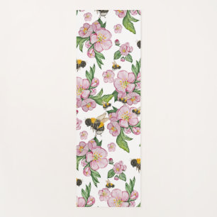 Flowering apple orchard with bees watercolor drawi yoga mat