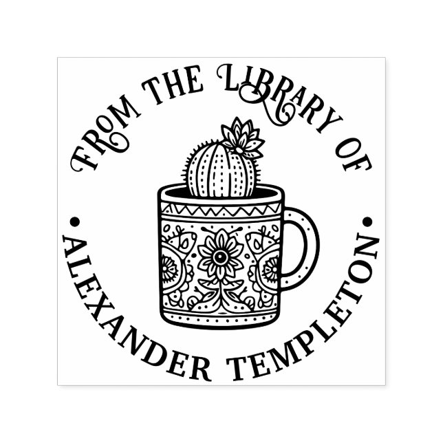 Flowering Cactus Coffee Cup #1P Library Book Name Self-inking Stamp (Design)