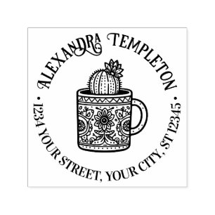 Flowering Cactus Coffee Cup #1P Name Ret Address Self-inking Stamp
