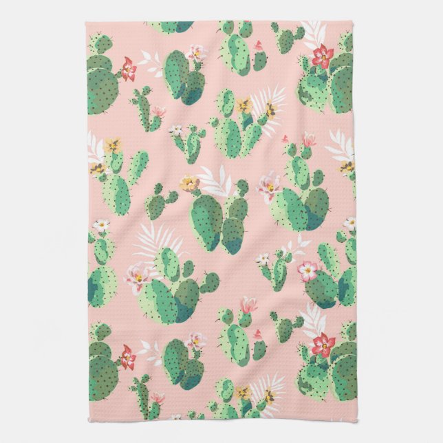 Flowering Cactus On Pink Background Kitchen Tea Towel (Vertical)