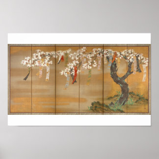 "Flowering Cherry and Autumn Maples with Poem Slip Poster