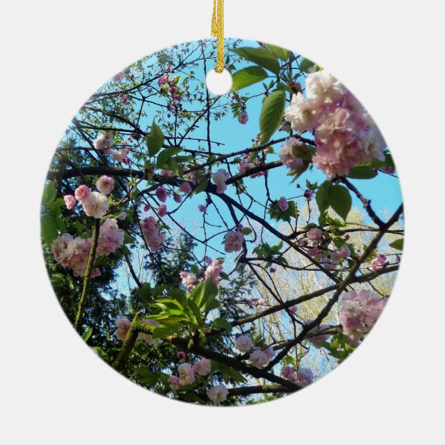Flowering Cherry, Blossom, Nature, Pink Flower Ceramic Tree Decoration (Back)