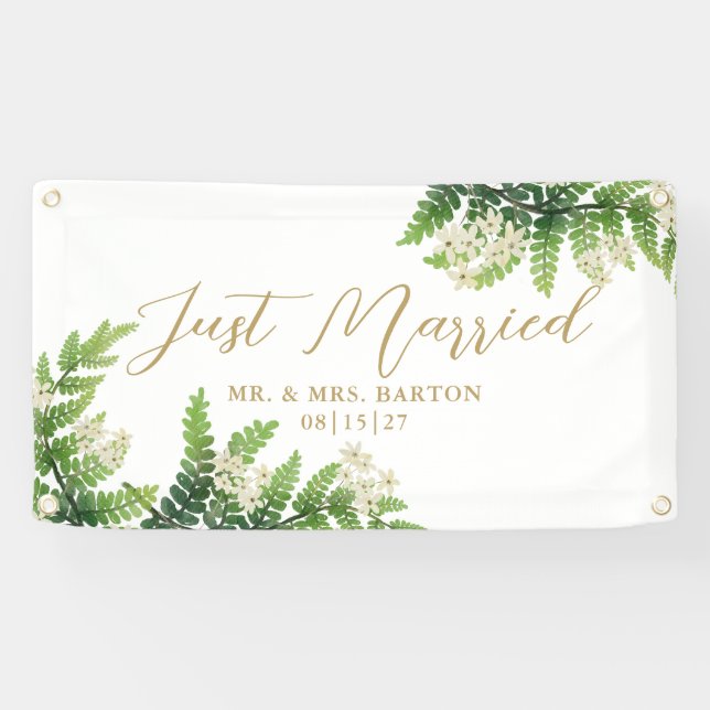 Flowering Ferns Just Married Car Banner (Horizontal)