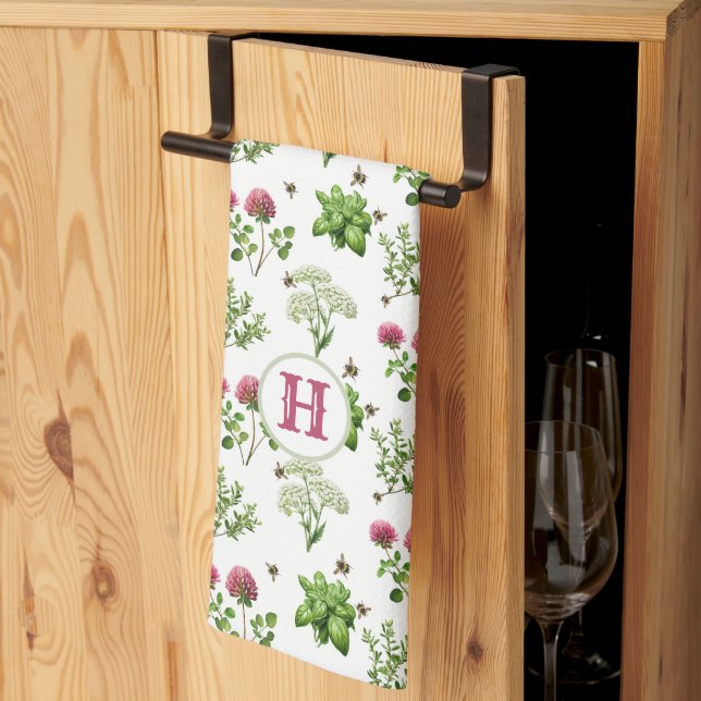 Flowering Herbs and Bumblebees Kitchen Towels (Thirds Fold)