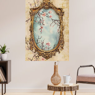 flowering Japanese peach branches and antique text Poster