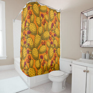 Flowering opuntia in yellow shower curtain