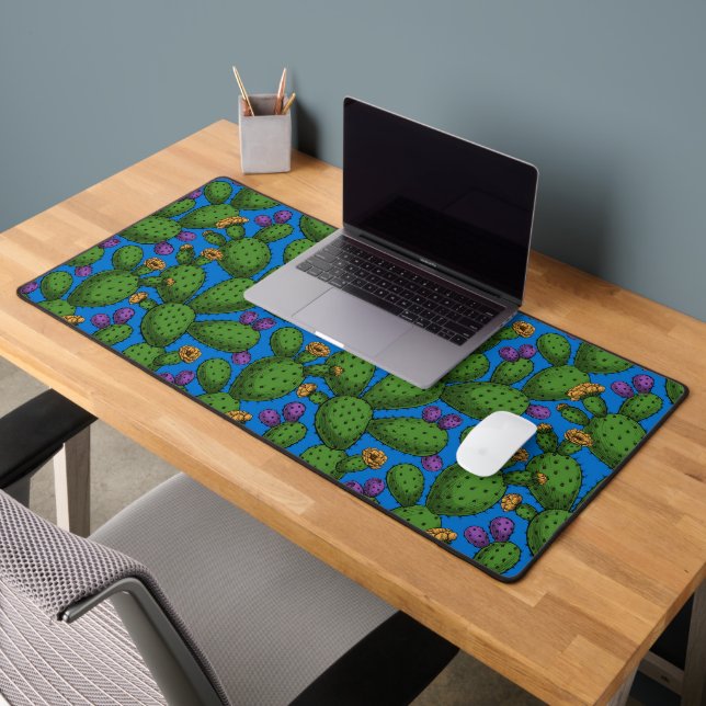 Flowering opuntia on blue desk mat (Office 2)