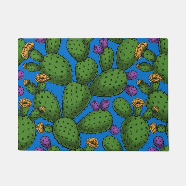 Flowering opuntia on blue doormat (Front)