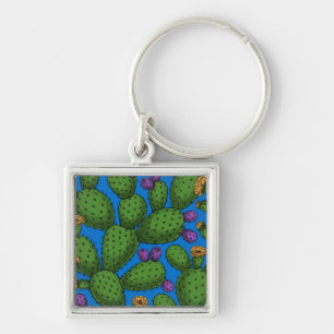 Flowering opuntia on blue key ring