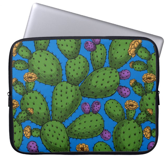 Flowering opuntia on blue laptop sleeve (Front)