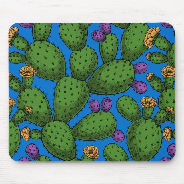 Flowering opuntia on blue mouse mat (Front)