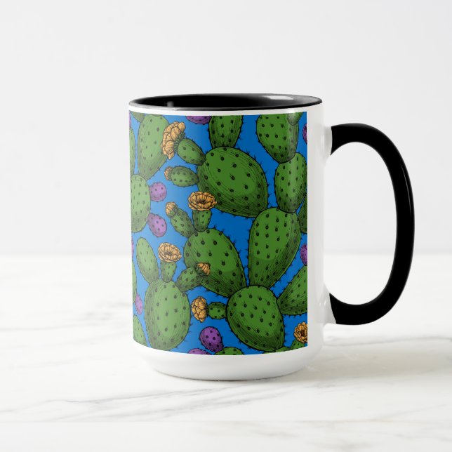 Flowering opuntia on blue mug (Right)