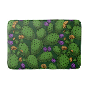 Flowering opuntia on dark green bath mat
