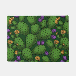 Flowering opuntia on dark green doormat