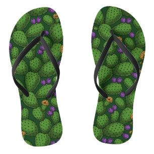 Flowering opuntia on dark green flip flops