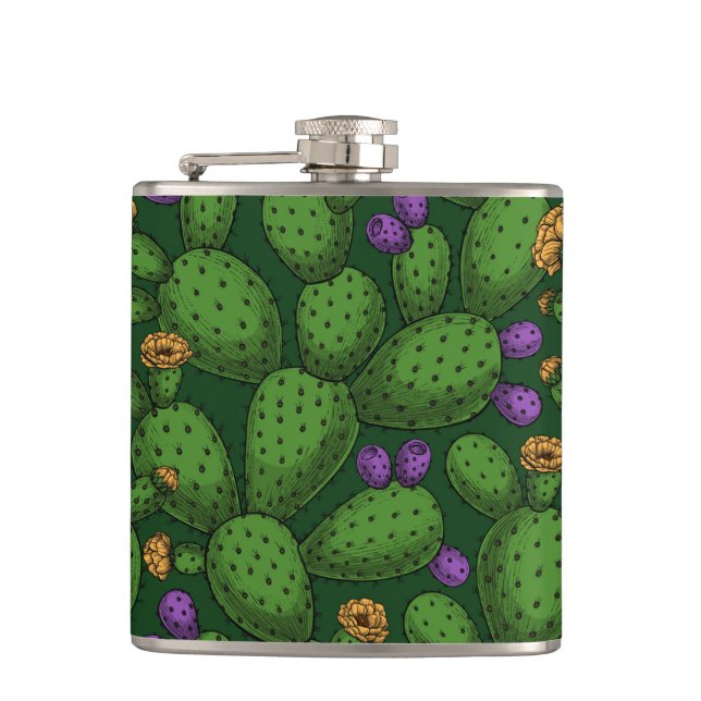 Flowering opuntia on dark green hip flask (Front)
