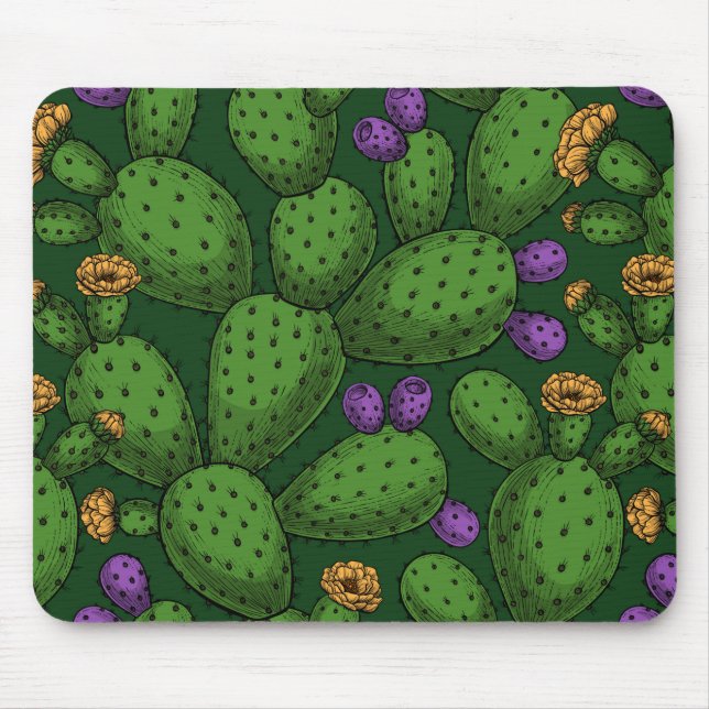 Flowering opuntia on dark green mouse mat (Front)