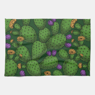 Flowering opuntia on dark green tea towel