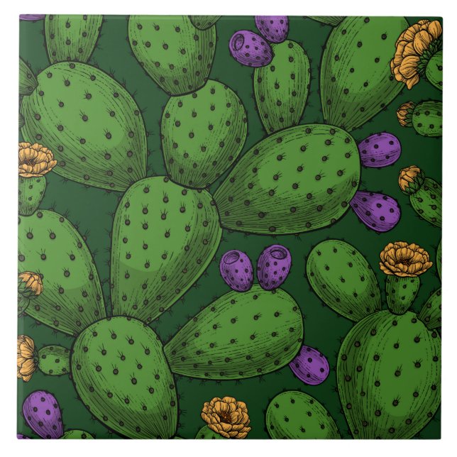 Flowering opuntia on dark green tile (Front)