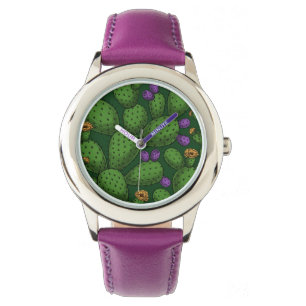 Flowering opuntia on dark green watch