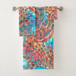 Flowering peach and aqua under hammered glass bath towel set
