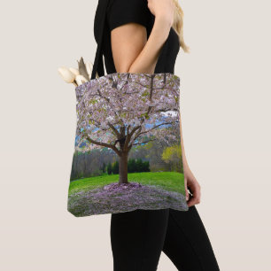 Flowering Pink Cherry Blossom Tree with Woods Tote Bag