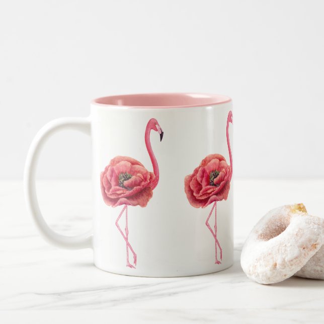 Flowering Pink Flamingos Gift Two-Tone Coffee Mug (With Donut)