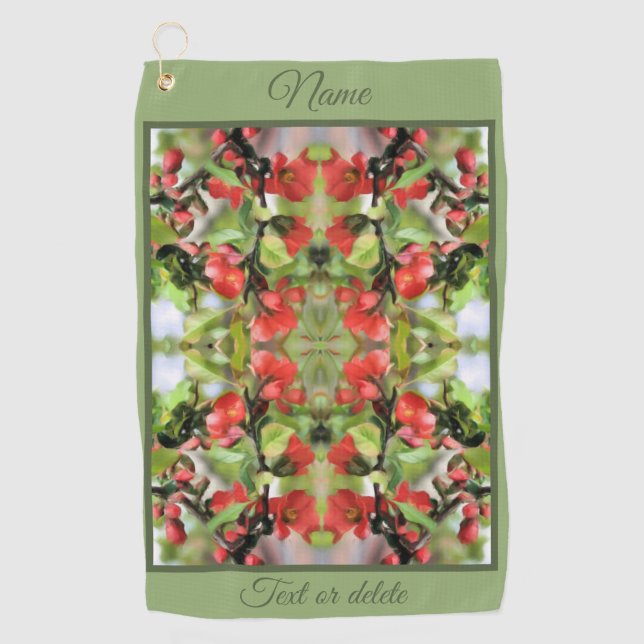 Flowering Quince Red Blossom Abstract Personalised Golf Towel (Front)