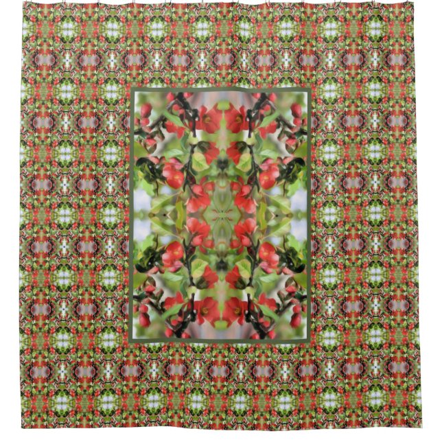 Flowering Quince Red Blossoms Abstract  Shower Curtain (Front)