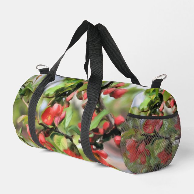 Flowering Quince Red Blossoms  Duffle Bag (Right Corner)