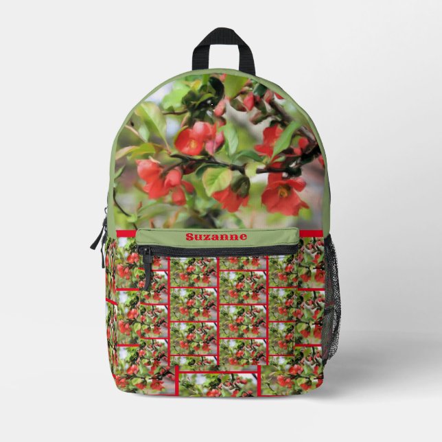 Flowering Quince Red Blossoms Personalised Printed Backpack (Front)