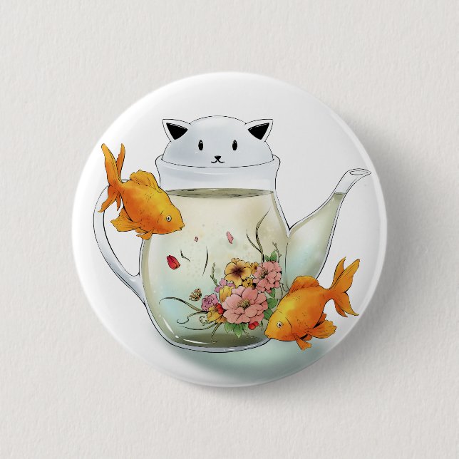 Flowering Tea in a Cat Teapot and Goldfish 6 Cm Round Badge (Front)