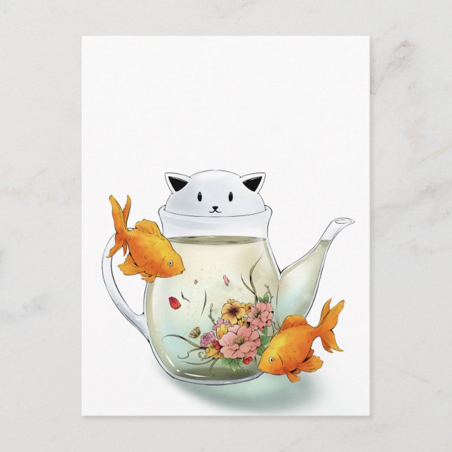 Flowering Tea in a Cat Teapot and Goldfish Postcard (Front)