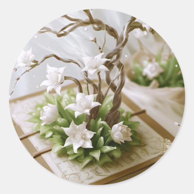 Flowering Tree Growing From a Book Classic Round Sticker (Front)